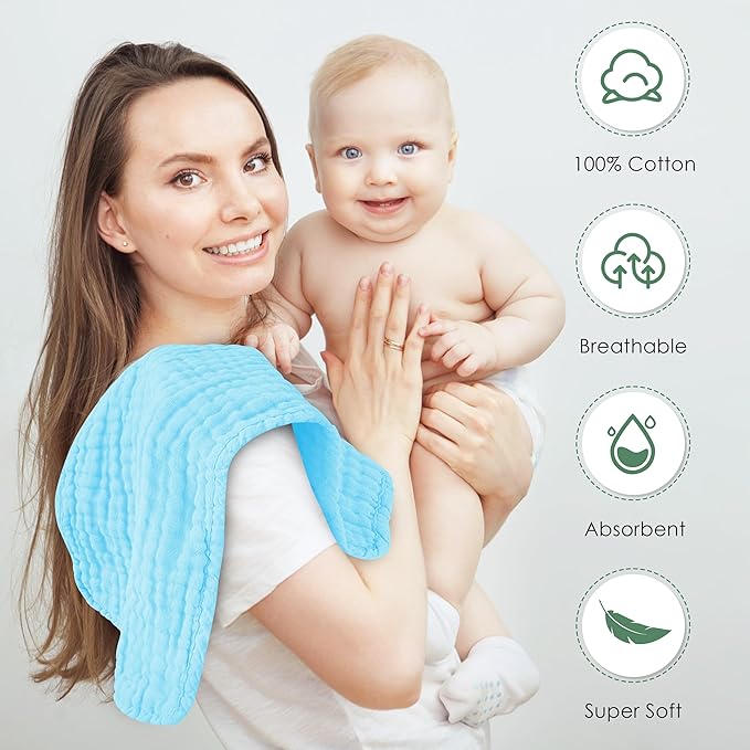 Spotted Play Muslin Burp Cloths 100% Cotton Large 20''x10'' Extra Soft and Absorbent Baby Wash Cloths Spit Up Rags - Baby Burping Cloth for Boys Girls Items(12 Pack Aquamarine)
