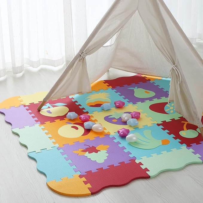 Tamiplay Foam Play Mat for Kids，25Pcs Square Interlocking Puzzle Floor Mat，Baby Play Mat Floor Mat Foam Puzzle Playmat for Toddlers with Fence（Fruit-CSH008
