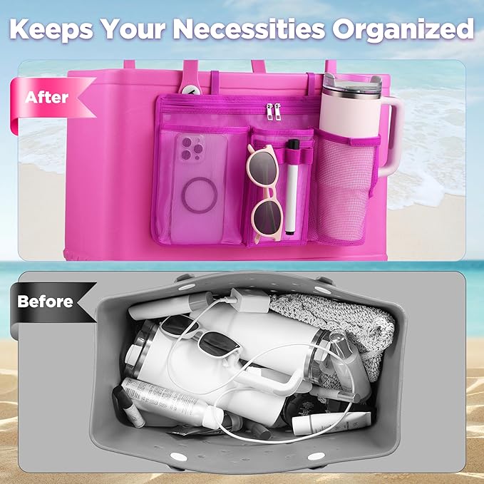 OUTXE Organizer Holder for Bogg Simple Modern Bag Accessories, Cup Phone Holder compatible with Stanley, Storage Mesh Divider Organizing Insert Pouch for XL Bog Beach Rubber Tote, Hot Pink