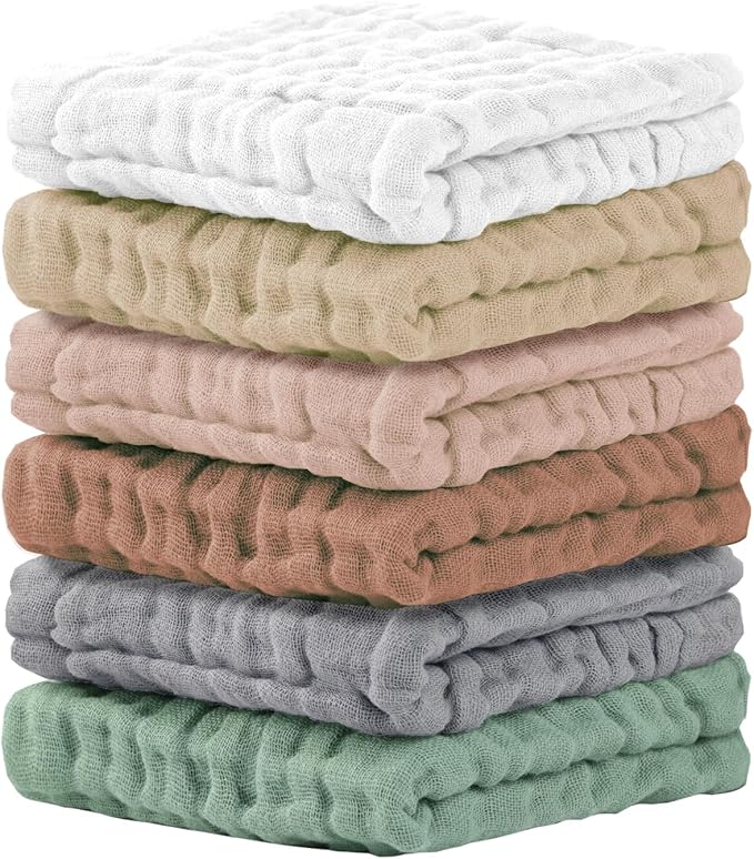 Cuddle Campus Baby Washcloths 6 Packs, Muslin Washcloths Baby,Cotton Burp Cloths, Extra Absorbent and Soft Wash Clothes for Newborns, 12x12 Inches