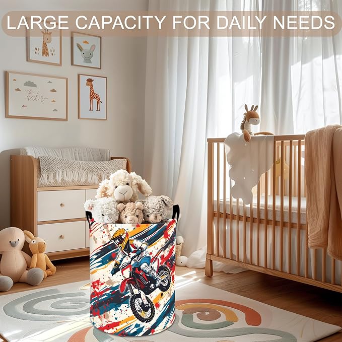 Dirt Bike Laundry Basket Hamper 19.7"x15.8", Motocross Sport Foldable Waterproof Oxford Clothes Storage Bucket for Room Bathroom Bedroom Nursery Decor, Toy Organizer Bins Gifts for Kids Boys Girls