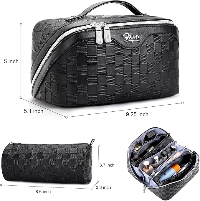 BOYATU Travel Makeup Bag Organizer Cosmetic Bag: 3 Pcs Set Large Capacity Make up Bag with Compartments - Waterproof Leather Toiletry Bags with Handle Travel Essentials Case Gifts for Women (01-Black)