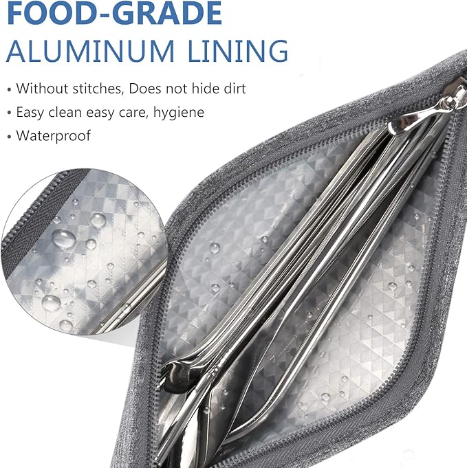Aosbos Reusable Straws Pouch Carrying Case for Metal, Silicone, Paper, Plastic, Tumbler Straws, Stainless Steel Chopstick, (2-PACK, 11.8 IN, Grey) Black & Grey