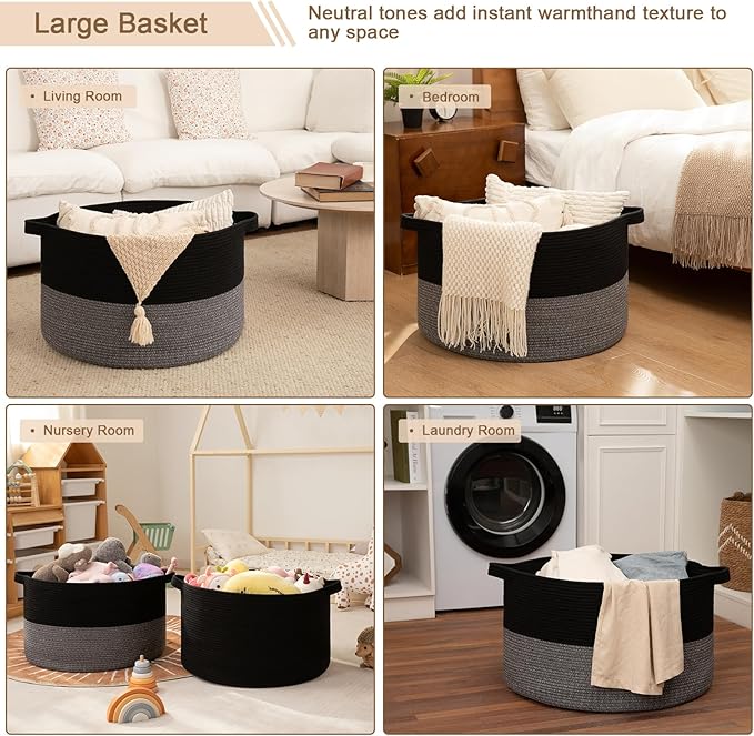 OIAHOMY 115L Extra Large Blanket Basket for Living Room, 23.6" x 15.4" Woven Cotton Rope Laundry Basket for Organizing Pillows, Decorative Stuffed Animal Toy Storage for Nursery, Black and Grey