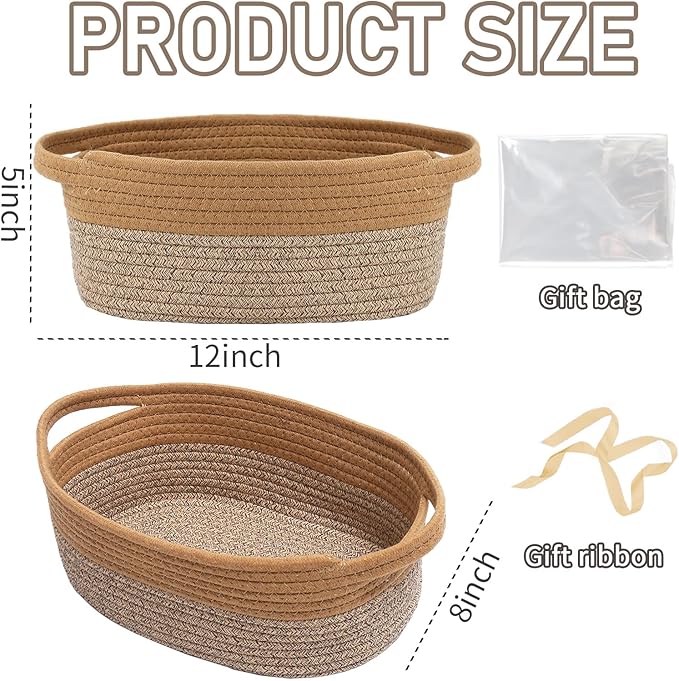 JMvicyroam Woven Basket,Small Rope Storage Bin with Handles & Ribbon Bag, Organizer for Shelves Closets,Gift Basket Empty for Birthday,Books,Dog Toys, Jute&Brown/2 Pack