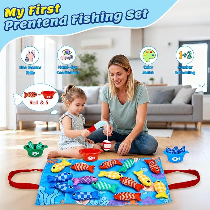Gacoman Montessori Toys for 1 Year Old Boy Girl Birthday Gift- Cloth Fishing Game for Toddler1-3 for Grandkids with Stacking Cups Learning Educational Toys Baby Toys 12-18 Months