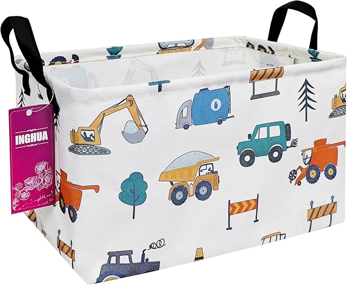 INGHUA Rectangular Storage Basket Fabric Organizer Bin for Toys,Books,Clothes,Gifts,Pets-Perfect for Home,Office,Nursery,Dorm,Shelf(Rec-Vehicles )