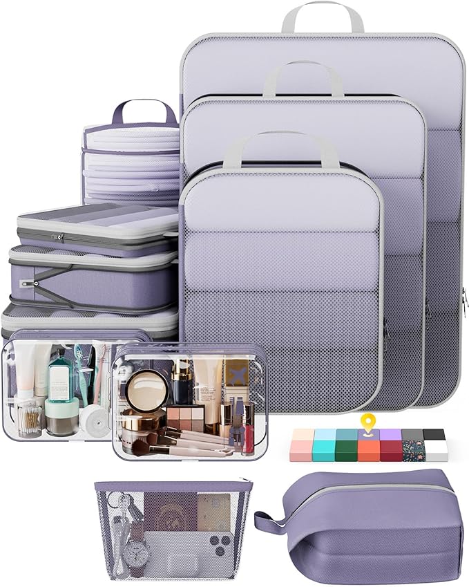 Veken 11 Set Compression Packing Cubes for Travel Essentials,Compressible Expandable Large Luggage Suitcase Organizer Bags for Clothing,Durable Space Saver Storage Bags with Toiletry Bags(Purple Gray)