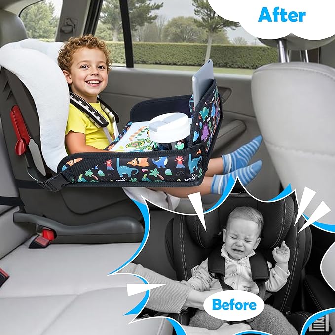 Kids Travel Tray for Toddler Carseat, Road Trip Activities Essentials for Toddler, Kids Travel Lap Desk Tray with Holder Stand ＆ Dry Erase Board (Dinosaur)