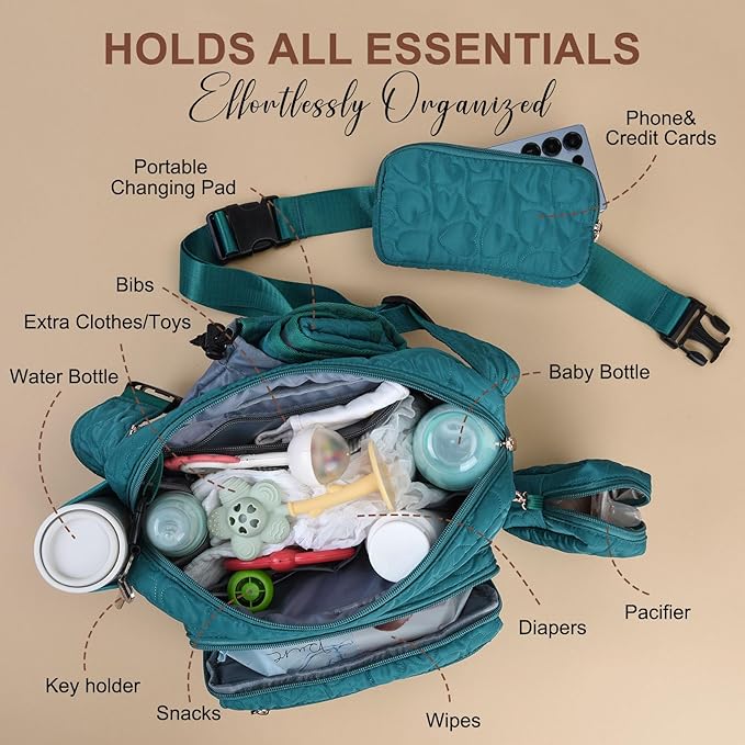 Rexmore Puffer Quilted Fanny Pack Diaper Bag for Mom - Women‘s Compact Crossbody Purse with Portable Changing Pad & Wipes Pouch, Travel & Quick Errand Baby Essentials Organizer (Dark Green)