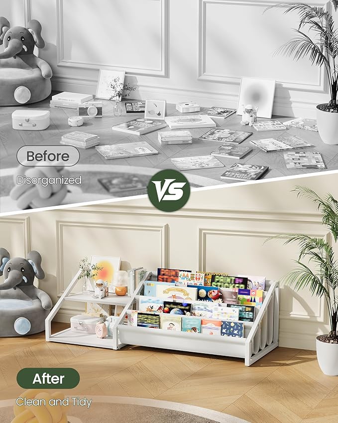 CHOEZON Kids Bookshelf, Book Shelf for Kids Rooms, Toddler Bookshelf with 2 Open Shelves and 4-Tier Sling Rack, for Kid Room, Nursery, Bedroom, Playroom, White TCW06WB