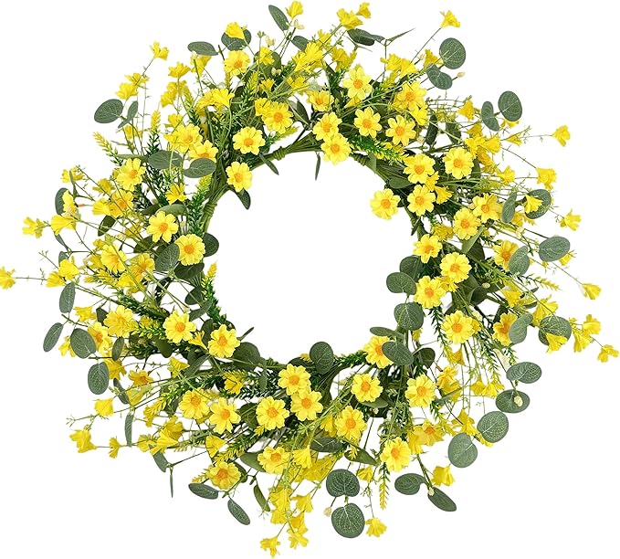 Pinkpum 22" Daisy Eucalyptus Wreath for Front Door, Artificial Spring Summer Floral Wreath for Front Door, Home Farmhouse Wedding Wall Window Decor