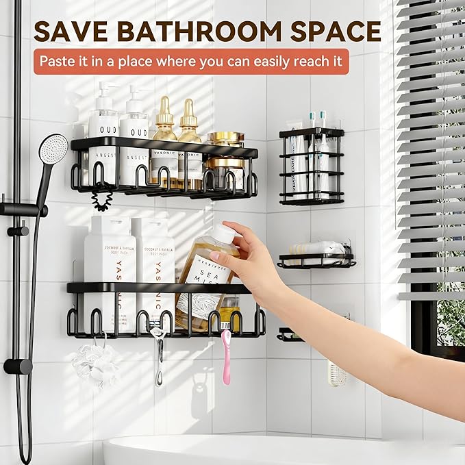 YASONIC Adhesive Shower Caddy, 5 Pack Shower Shelves for Inside Shower, Rustproof Shower Organizer with Soap and Toothbrush Holder, No Drilling Shower Storage for Bathroom/Kitchen