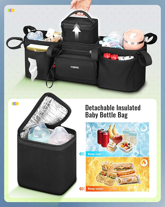 YOREPEK Padded Double Stroller Organizer with Removable Cooler Bag,Fits for Bob Duallie,Baby Jogger City Mini GT2 and Jeep, Large Capacity Stroller Caddy Attachment, Double Baby Stroller Accessories