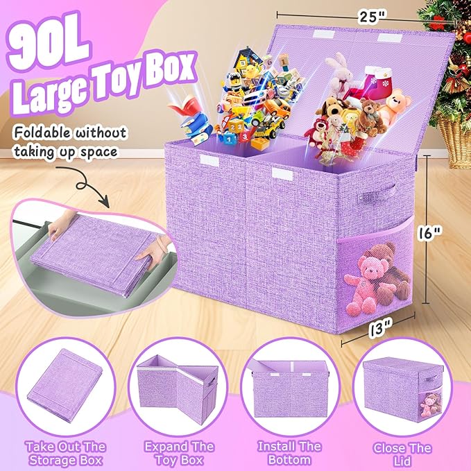 Large Toy Storage Box with Lid Divider, Sturdy Collapsible Toys Organizer Chest Kids Storage Bins Boxes Baskets for Boys, Girls, Nursery, Bedroom, Living Room, Playroom, 25"x13"x16", Purple