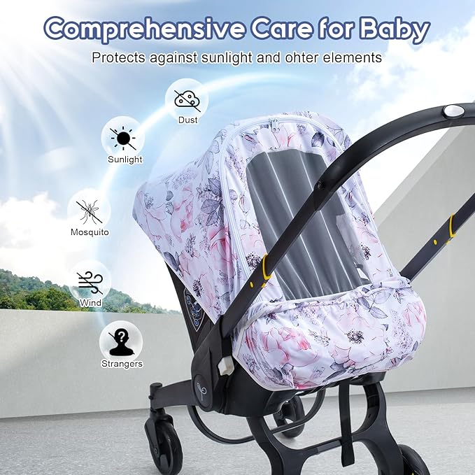 Car Seat Cover Baby, Infant Car Seat Cover with Mesh Window, Stretch Carseat Cover for Girls Boys, Soft Breathable Baby Carrier Cover for Stroller, Summer Carseat Canopy Sunshade Cover