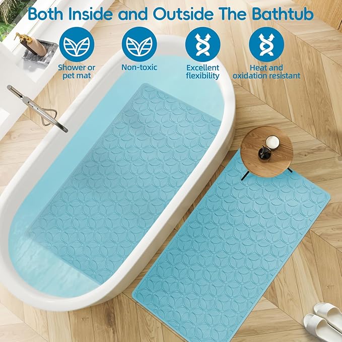 Bathtub Mat Non Slip with Suction Cups - 100% Rubber Bathroom Mat Textured for Bath Tub Shower Safety - Soft on Touch - BPA/PVC Free - Pet Dog Bath Mat - Machine Washable - 17 × 35 Inch（Blue）