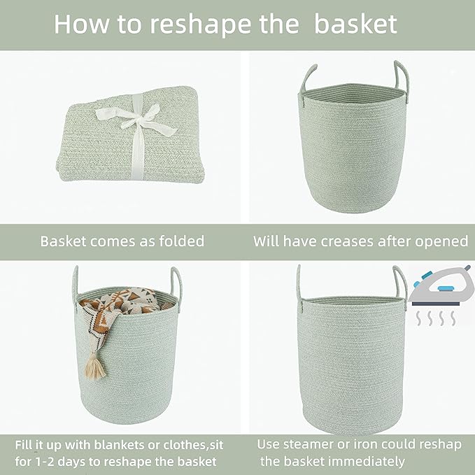 Cotton Rope Laundry Basket Hamper for Clothes Woven Storage Basket for Living Room Bedroom Boho Tall Rope Baskets for Blanket Toys Pillow Towels Baby Nursery Hamper Bin green Large