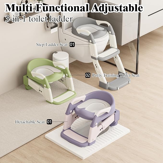 DEEKI 3 in 1 Potty Training Seat with Step Stool Ladder Foldable Anti-slip Toilet Chair Potty Seat for Toddlers Kids Boys Girls(Purple)