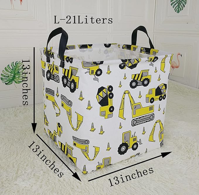 KUNRO Square Storage Basket Gift Shelf Basket Storage Bin, Nursery Basket Organizer Box for With Handles for Room Deco (Excavator)