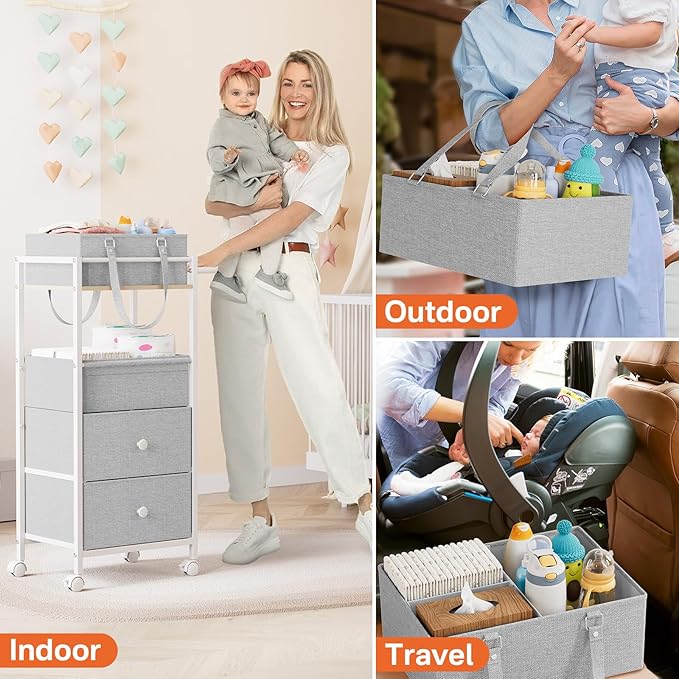 Modanais Baby Diaper Caddy Organizer Cart with Drawers - 3In1 Rolling Storage Cart with Wheels, Removable Diaper Caddy, Detachable Dividers - for Crib, Bedroom, Art & Craft Organizer (Light Gray)