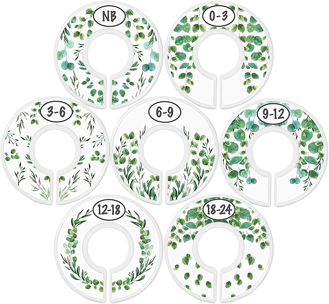 Baby Hangers and Closet Size Dividers - 7X Botanical Clothing Dividers with 20x Velvet Hangers for Baby Closets - Nursery Clothes Organizer - Eucalyptus Vines Leaf Plant Greenery Décor [Botanical]