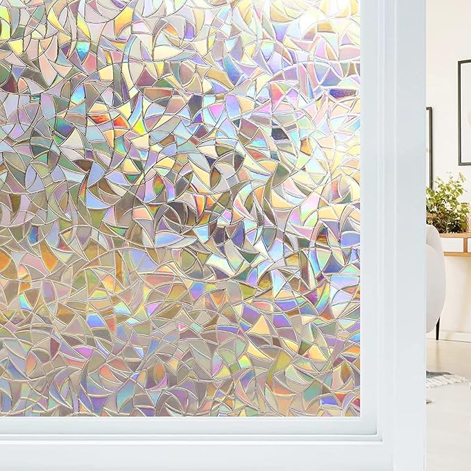 Haton Window Privacy Film, Stained Glass Rainbow Film Decorative Window Clings, Static Cling Sun Blocking Stickers Decals Coverings Tint for Home Heat Control, Non-Adhesive 17.5" x 157.4"
