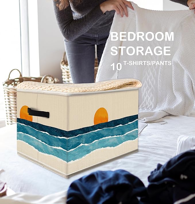 FDHSPAAM Boho Coastal Sun Storage Bins Box with Handles, Abstract Beach Coast Sunrise Collapsible Fabric Storage Basket Box Organizer for Bedroom Bathroom Clothes Toys Books