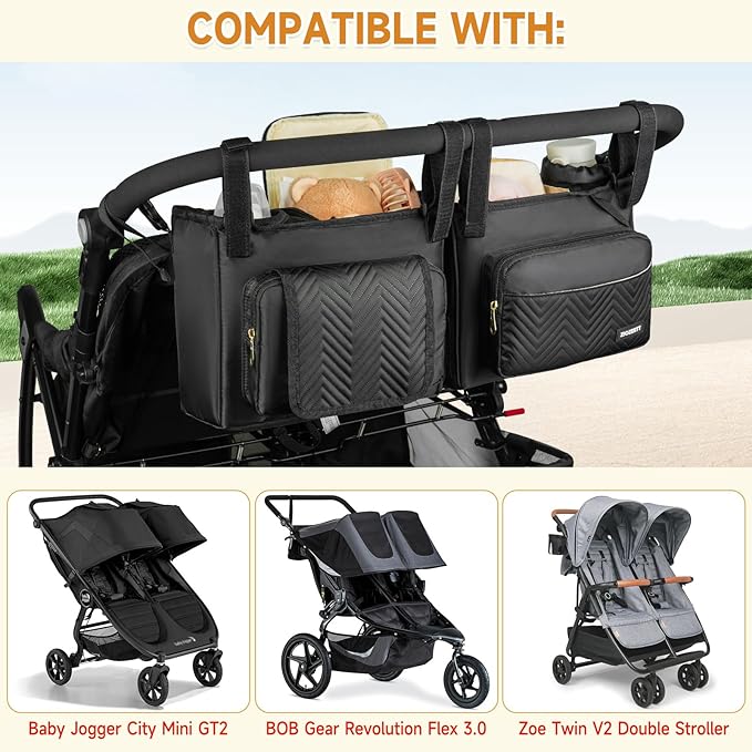 Double Stroller Caddy Compatible with Bob Duallie,Baby Jogger City Mini Gt2 and Zoe Twin V2,Double Stroller Parent Console with Cooler Bag and Cup Holder,Black