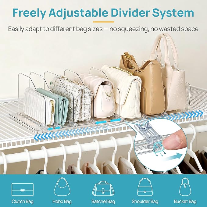 Vtopmart Free-Adjustable Purse Organizer for Closet with 4 Base, Clear Handbags Storage Organizer, Fits Different Bag Sizes & Closet Shelf, Expandable Plastic Shelf Dividers for Handbags, Wallets
