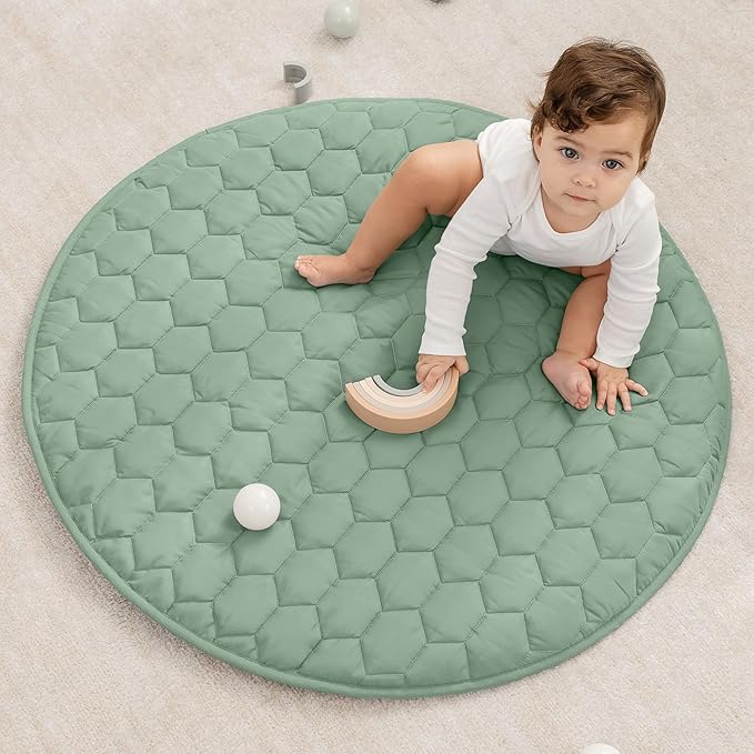Comfy Cubs Round Kids Play Mat -Small 36 inches Soft Quilted Baby Floor Mat with Non-Slip Bottom - Plush Design for Toddlers' Playtime - Comfortable and Durable - Fern