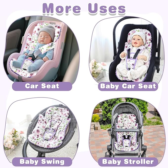 GFU 3-in-1 Infant Car Seat Insert, Soft Head and Body Support,Ultra & Strap Covers Set, Reversible Newborn Car Seat Cushion Pad for Baby Boy & Girl fits Stroller, Swing, Bouncer (Purple)