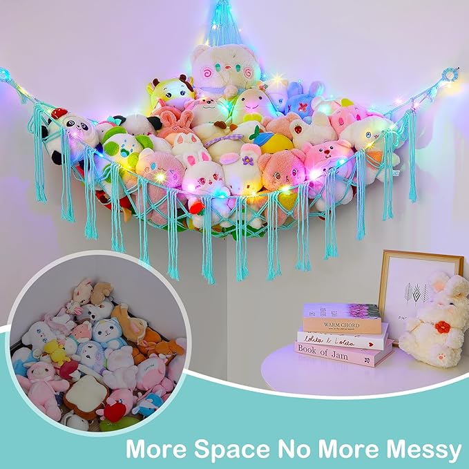 Basumee Stuffed Animals Net or Hammock with LED Light, Hanging Stuffed Animals Storage Toy Hammock Net Corner Wall Girls Room Decor Toy Storage Organizer, Light Aqua Green, XL