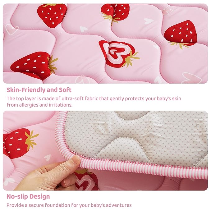 Viviland Baby Play Mats for Floor, Thicken Cushioning Padding Foam Playmate for Baby and Toddlers Infants, 50" x 50" Playpen Mat, Non-Slip & Machine Washable - Pink Strawberry