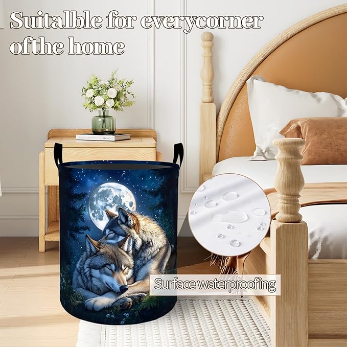 Romantic Wolf Moonlit Night Laundry Basket 19.7"x15.7", Collapsible Dirty Clothes Waterproof Laundry Hamper Organizer Toy Storage Bin for Dorm Nursery Bathroom Decor
