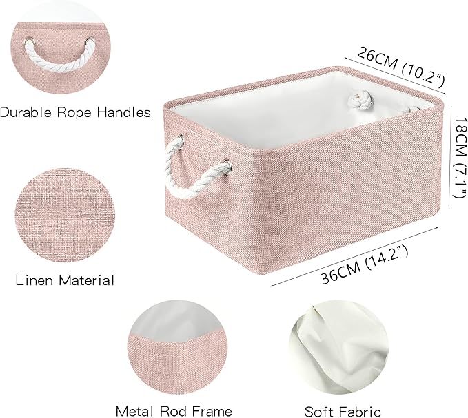 LordCom Storage Bins with Sturdy Cotton Handles(1 Pack), Fabric Storage Baskets for Organizing use for Office & Home, Book, Clothes, Toys, Closet Boxes (Medium, Pink, 14.2x10.2x7.1 inches)