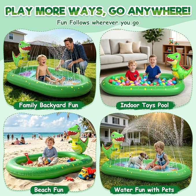Splash Pad for Toddlers, 3-in-1 Dinosaur Inflatable Kiddie Pool Sprinkler for Kids, Baby Splash Pads Outdoor Play Mat, Backyard Summer Water Toys Birthday Gift for 1+ Year Old Girls Boys