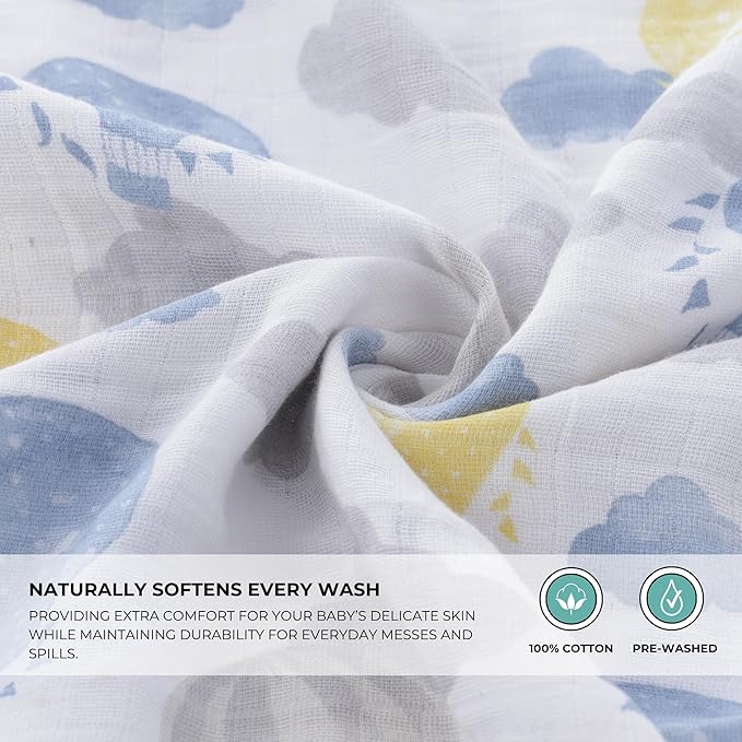 Featherhead™ 5-Pack Muslin Burp Cloths for Baby Boy Large 22" X 11" - Ultra Soft & Extra Absorbent Cotton Terry Backing (Blue Balloons)