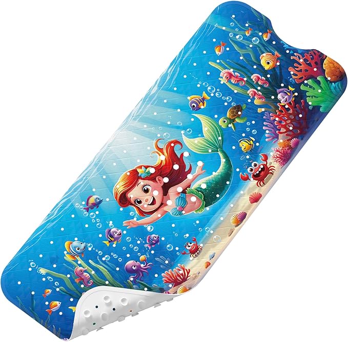 Upgrade Cartoon Baby Bath Mat Non Slip - 40"x16" Extra Long Bathtub Mat for Baby Eco Friendly Durable Bath Mat for Tub Non Slip Kids Tub Mat with Suction Cups, Machine Washable and No Fading, Mermaid
