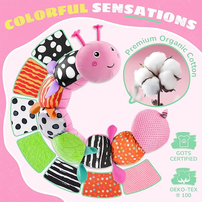 Baby Toys 6-12 Months Music Caterpillar,Stuffed Animals Infant Toys 0-3-6 Months,Baby Sensory Toys Tummy Time with Crinkle Rattle Teething Toys for Newborn Boys Girls Gifts Birthday|Rose Pink