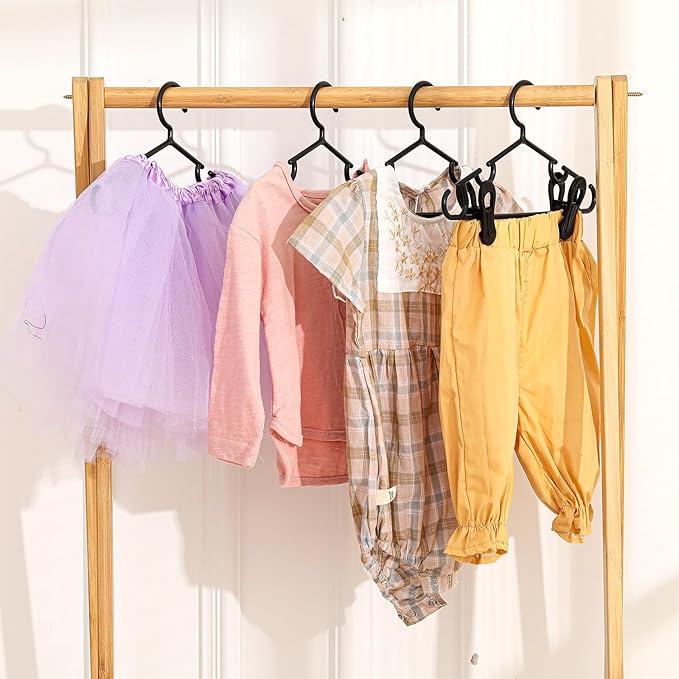 Hsei 5/10/40 Pack Baby Hangers with 10/20/80 Clips, Plastic Kids Pants Hangers for Nursery Closet Top and Bottom Clothes Hanger Set for Newborn Infant Toddler(15 Packs Total,Black,10.6 Inch)