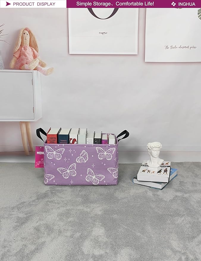 INGHUA Rectangular Storage Basket Fabric Organizer Bin for Toys,Books,Clothes,Gifts,Pets-Perfect for Home,Office,Nursery,Dorm,Shelf(Rec-butterfly )