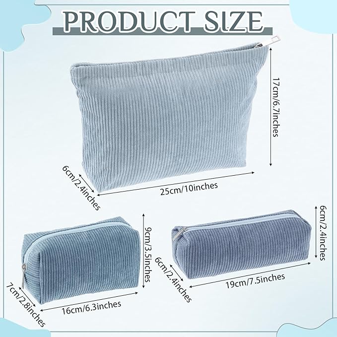 3 Pcs Makeup Bag Set for Women Corduroy Cosmetic Pouch Aesthetic Smile Travel Toiletry Bag Cute Purse Pouch Pencil Case Makeup Brushes Storage Organizer with Zipper(Blue,Gradient)
