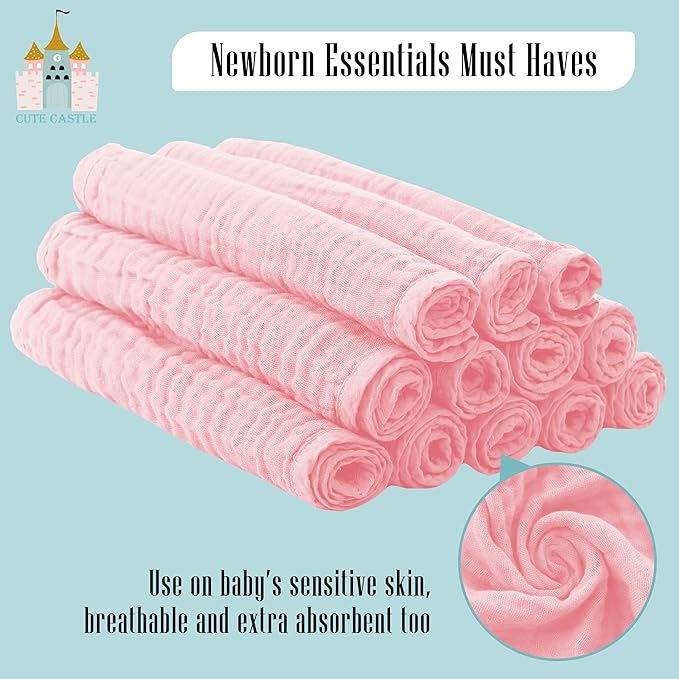 Cute Castle 12 Pack Muslin Burp Cloths for Baby - Ultra-Soft 100% Cotton Baby Washcloths - Large 20'' by 10'' Super Absorbent Milk Spit Up Rags - Burpy Cloths for Unisex, Boy, Girl - Pink