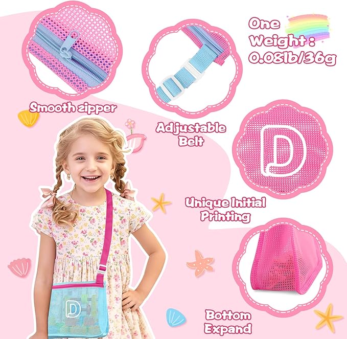 3Pcs Personalized Kids Beach Shell Bag, Initial Seashell Mesh Zipper Beach Pouch, Shell Collecting Bag for Holding Shells with Adjustable Straps, Sand Toys Swim Pouch Gift for Girl Boy Teens(Letter D)
