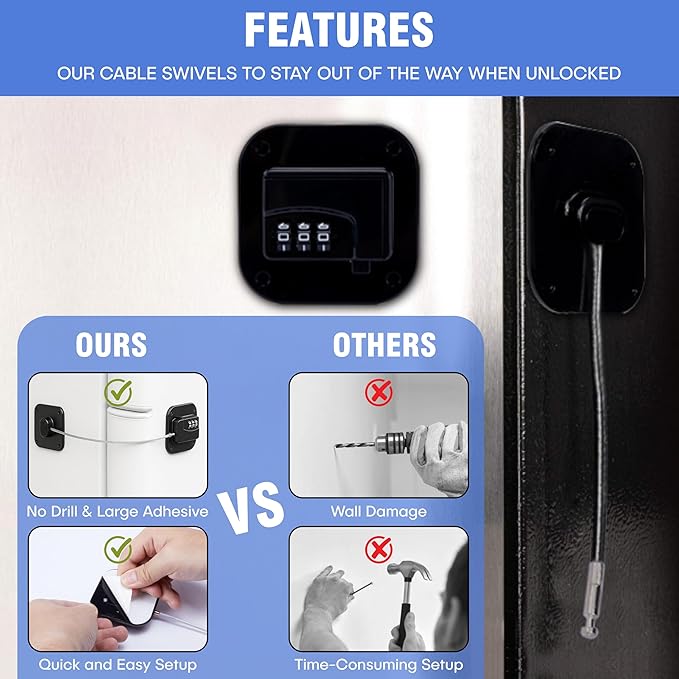 Refrigerator Lock - 2 Pack Cabinet Locks with Strong Adhesive, ABS Plastic & Steel Cable, 3 Digit Combination Code Locks for Fridge, Cabinets, Closets & Drawers Easy to Install No Keys Needed (Black)