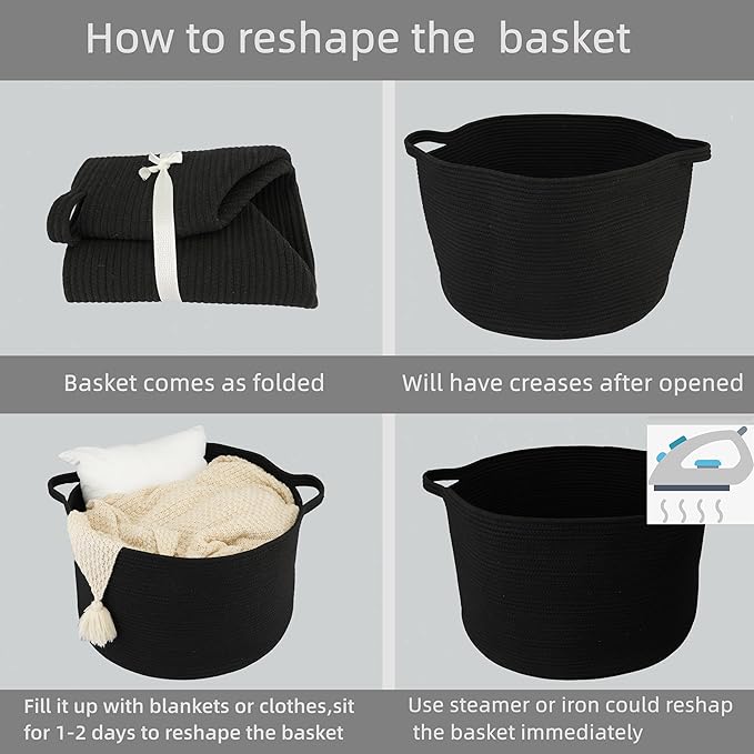 XUANGUO Large Cotton Rope Basket Blankets Basket Living Room 22"x14" Toy Baskets for Kids and Dogs Rope Storage Baskets for Nursery Woven Laundry Baskets for Clothes Towels round black