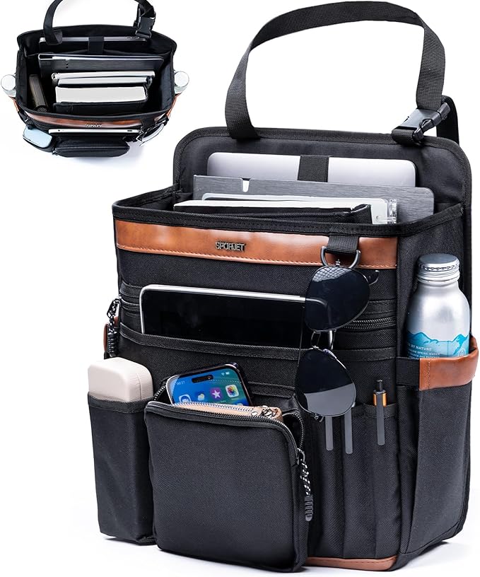 SPORJET Car Seat Organizer with Laptop Compartment (Fits 15.6"), Front & Backseat Passenger Organizer with Adjustable Strap, Multiple Pockets, Portable Office Bag, Water-Resistant 1200D Polyester