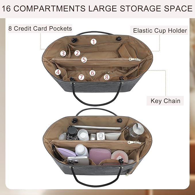 Doxo NEW Purse Organizer Insert for Longchamp LePliage Large,Fixed Handle, Bag Shaper with Key Leash& 16 Compartments, Upgraded Elastic Cup Holder(Black&Brown, L)