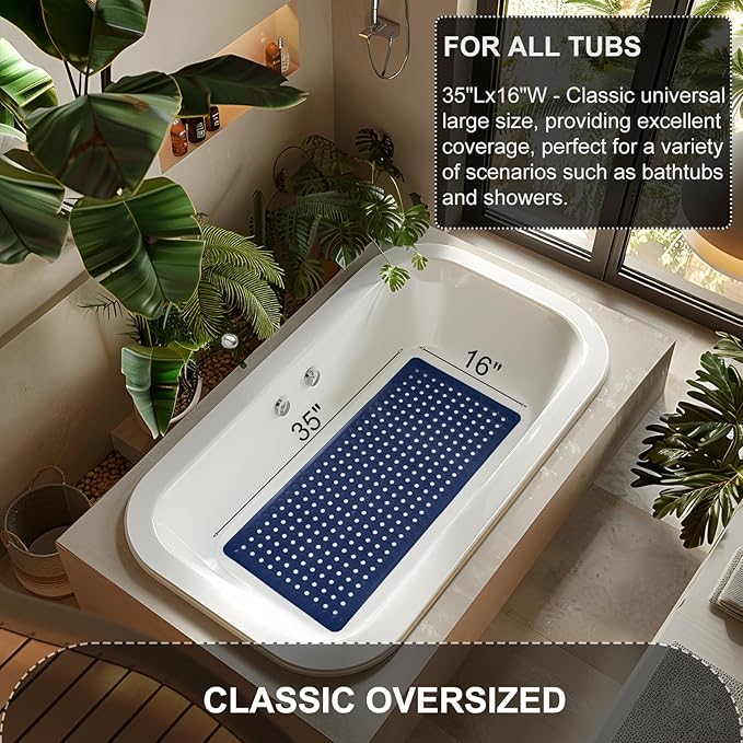 TEESHLY Bath Mat for Tub & Shower, Non Slip Soft Bathmat with Suction Cups & Drain Holes, Machine Washable Bathtub Floor Liner Mats for Bathroom, 35x16 Inch, Navy Blue